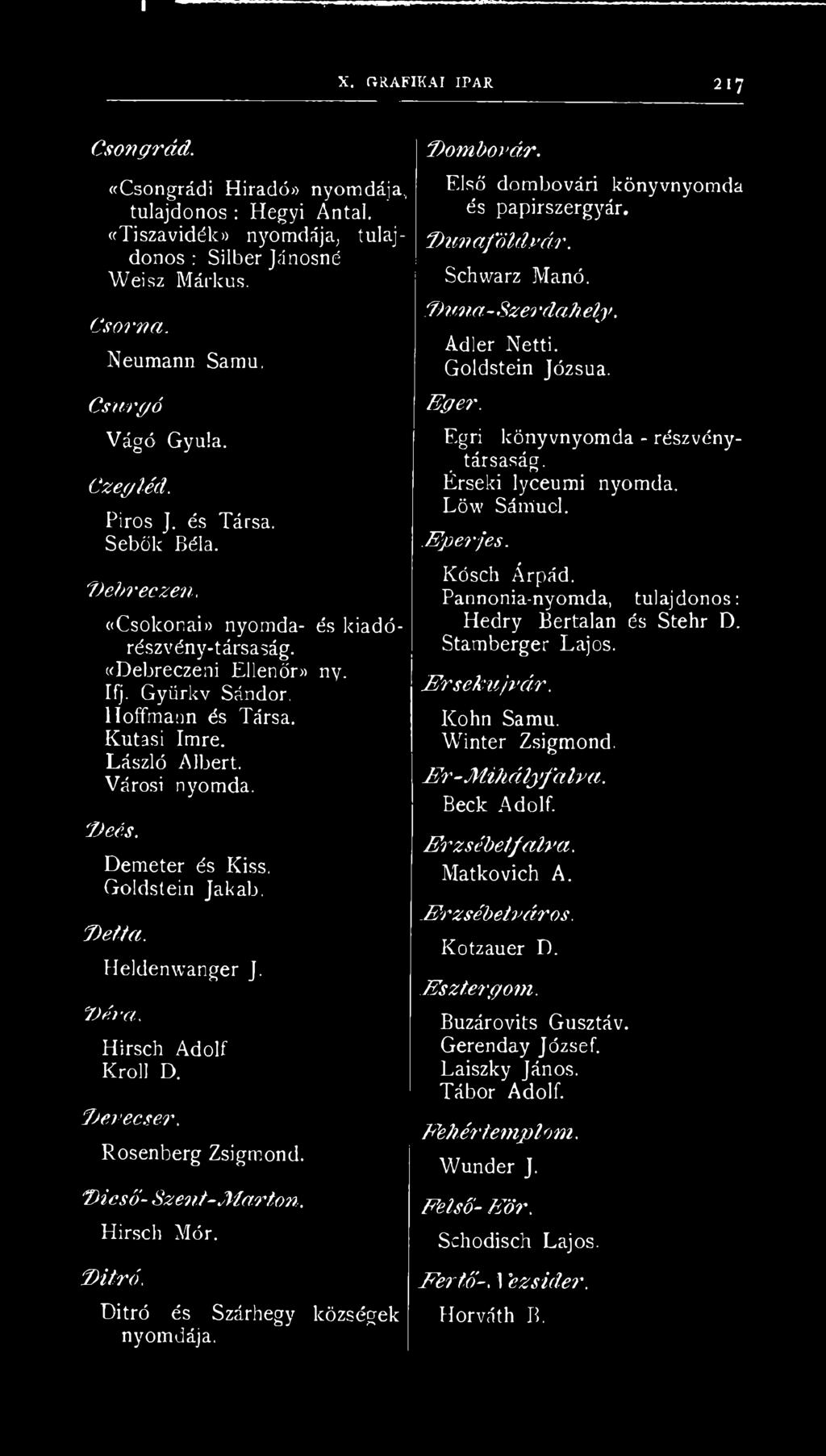 Kutasi Imre. László Albert. Városi nyomda. 'l)eés. Demeter és Kiss. Goldstein Jakab. Delta,, Heldenwanger J. 'Dóra.. Hirsch Adolf Kroll D. 7jeveoser. Rosenberg Zsigmond. D icső- Szent-M arton.