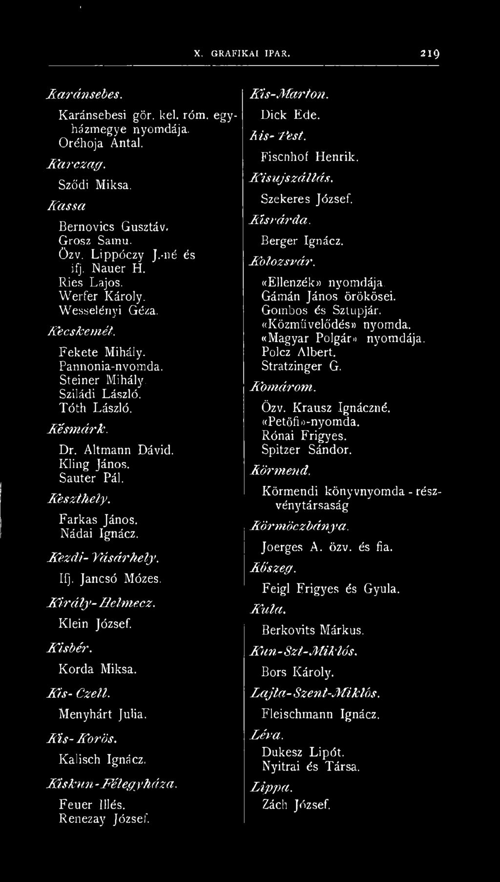 Farkás János. Nádai Ignácz. K ezdi- Vásárhely. II]. Jancsó Mózes. K irály - Helme.cz. Klein József. K isbér. Korda Miksa. K is- Czell. Menyhárt Júlia. K is- Körös. Kalisch Ignácz. K iskun-ffilegyhám.