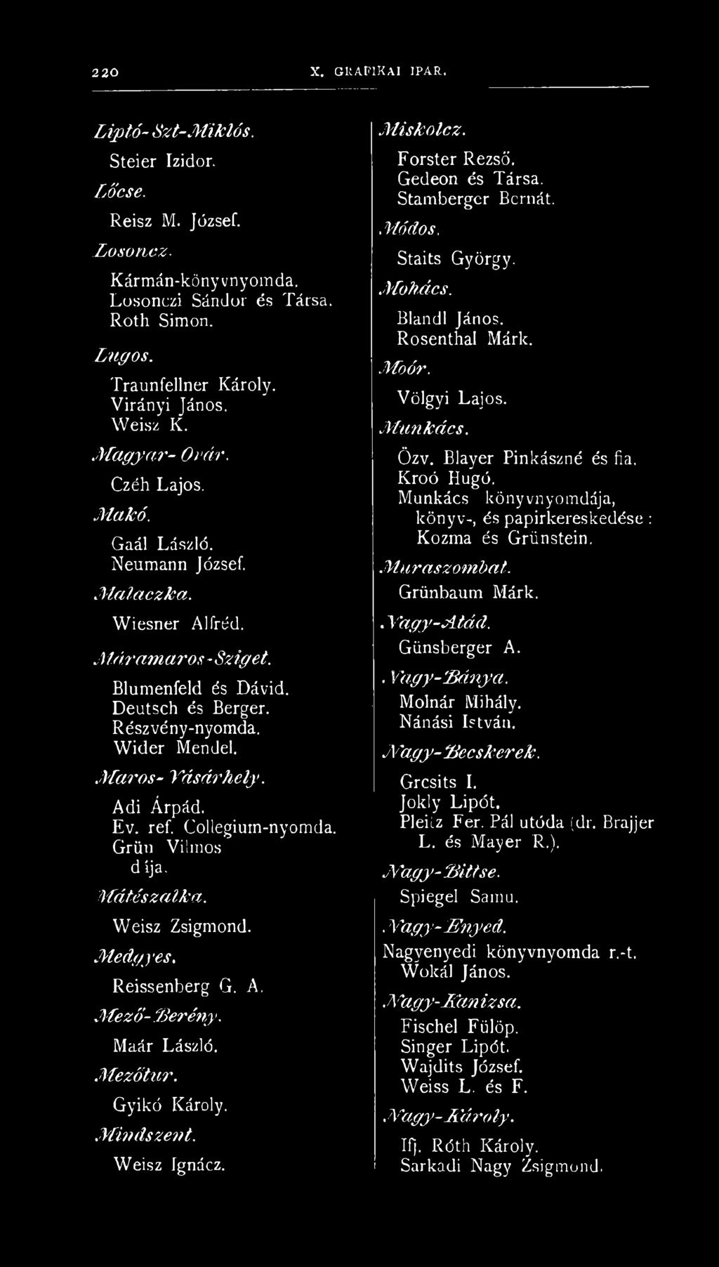 M aros- Vásárhely. Adi Árpád. Ev. ref. Collegiutn-nyomda. Griiu Vilmos díja. Mátészalka. Weisz Zsigmond. Medgyes. Reissenberg G. A, M ező- Serény. Maár László. M ezőtúr. Gyikó Károly. M indszent.
