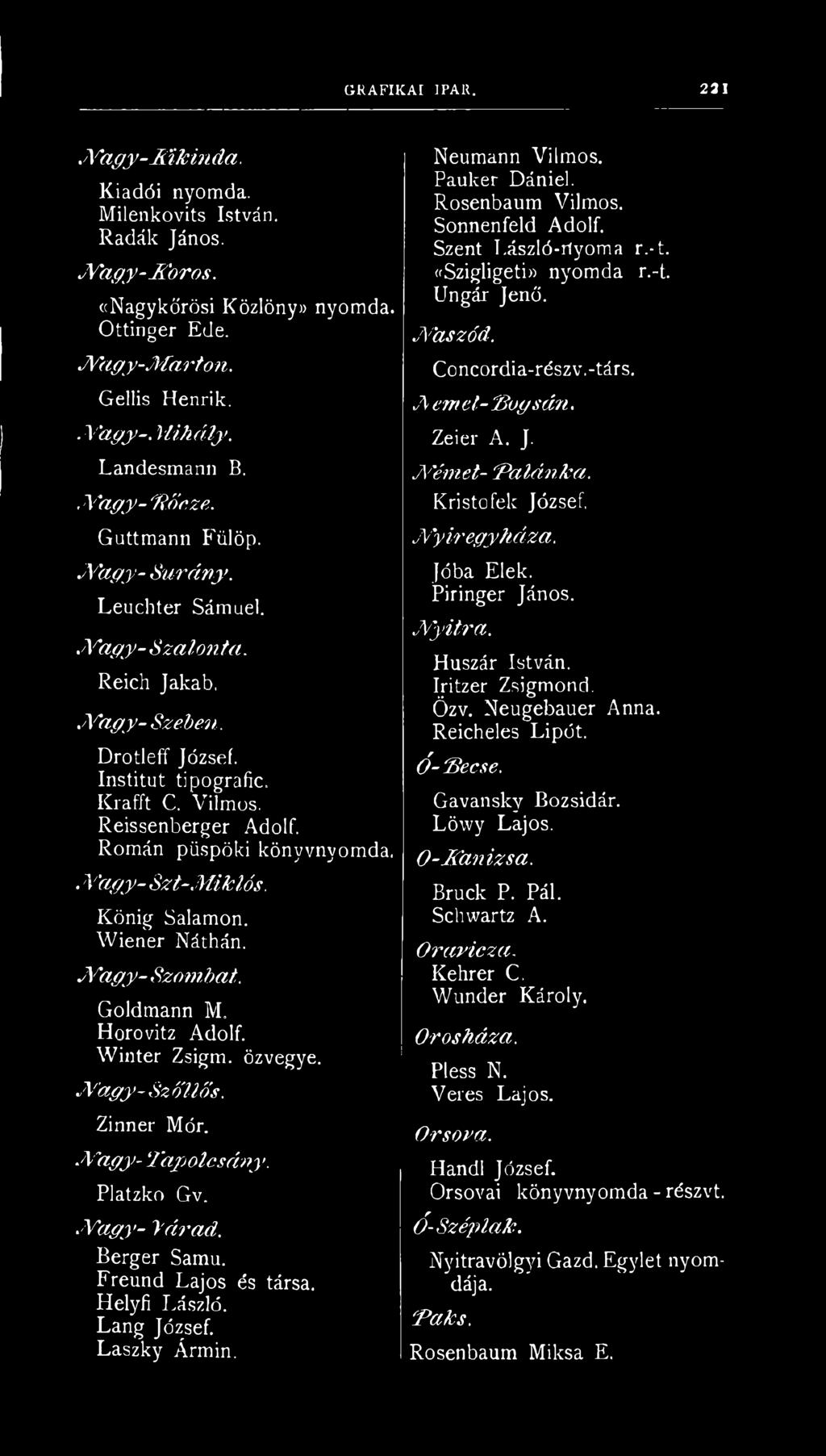Román püspöki könyvnyomda,. Yagy- Szt-M iklós. König Salamon. Wiener Náthán. N agy- Szombat. Goldmann M. Horovitz Adolf. Winter Zsigm. özvegye. N agy-szőllös. Zinner Mór. N agy- Tápotcsány.