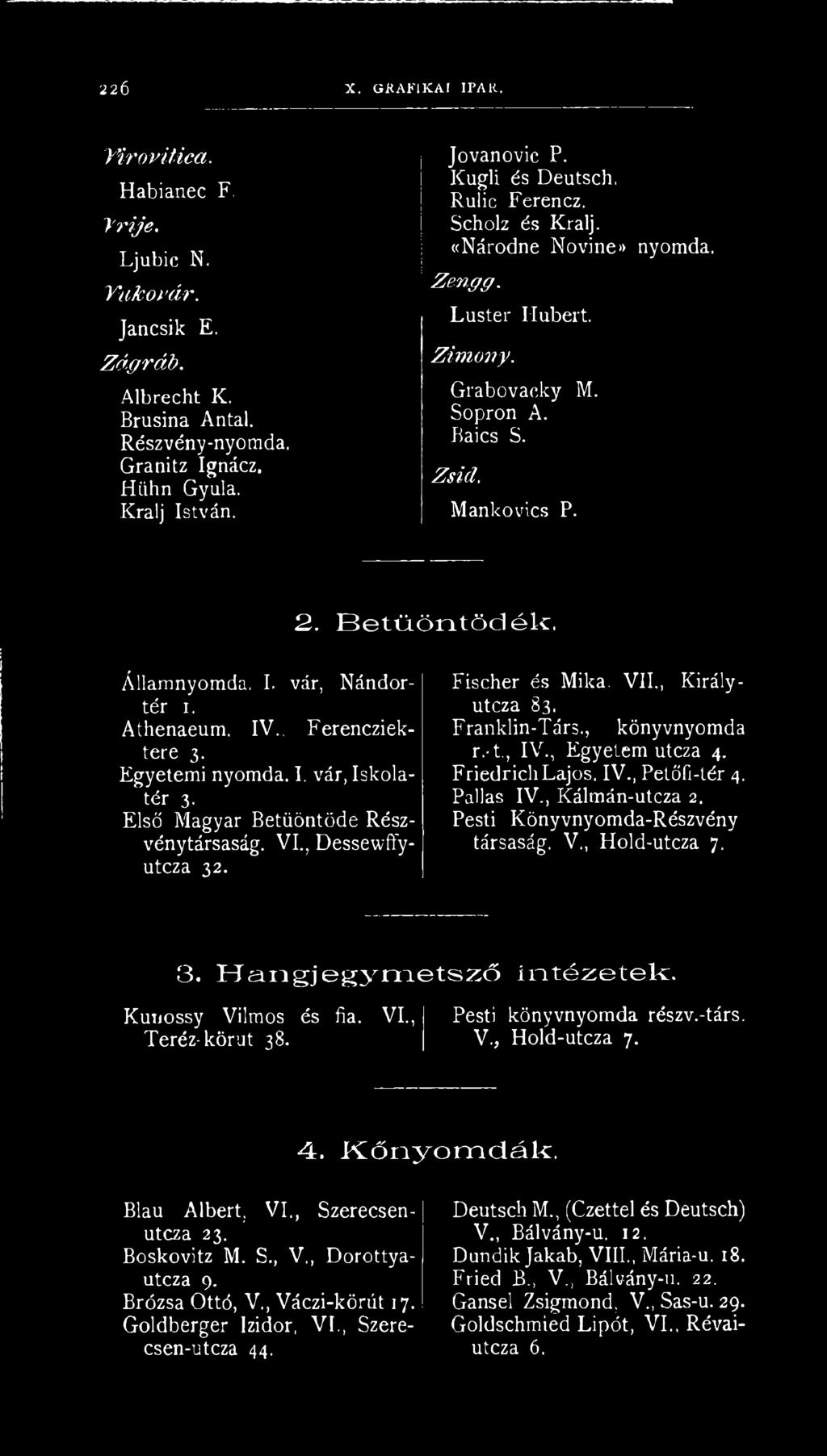 vár, Nándortér 1. Athenaeum. IV., Ferencziektere 3. Egyetemi nyomda. I. vár, Iskolatér 3. Első Magyar Betűöntődé Részvénytársaság. VI., Dessewffyutcza 32. Fischer és Mika. VII., Királyutcza 83.