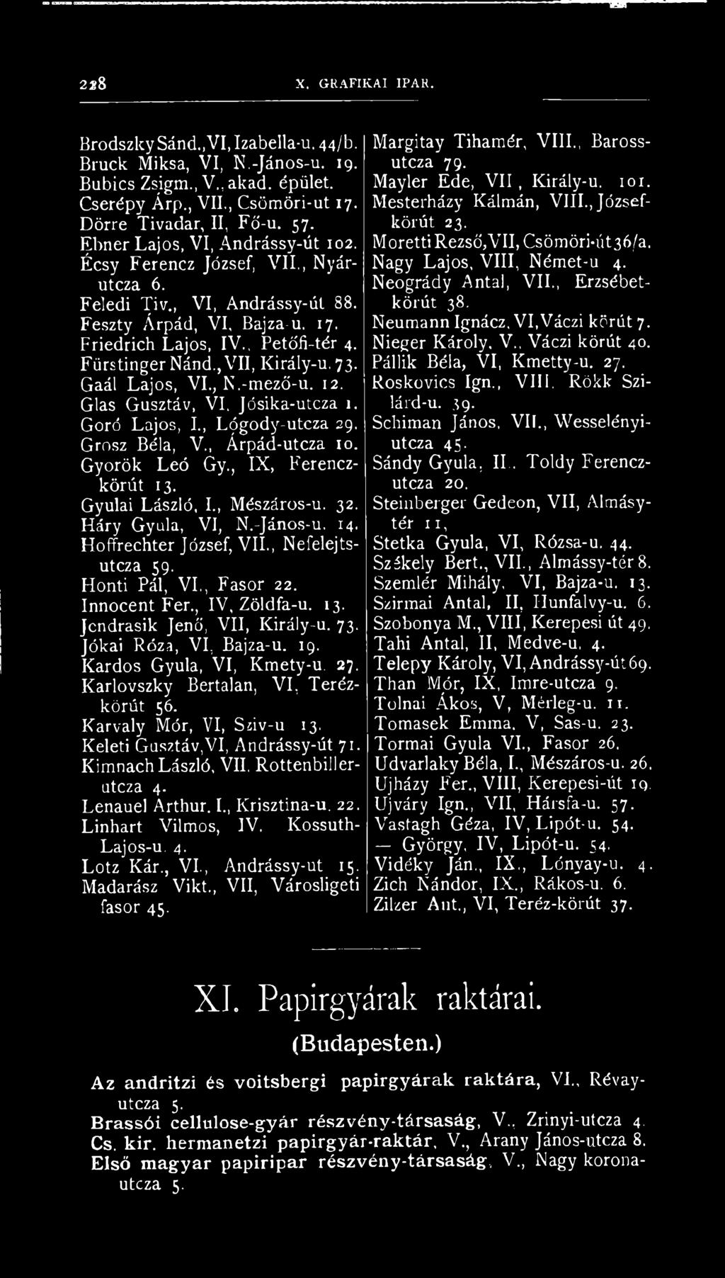 ,VII, Király-u. 73. Gaál Lajos, VI., N.-mező-u. 12. Glas Gusztáv, VI. Jósika-utcza L Goró Lajos, I, Lógody-utcza 29. Grosz Béla, V., Árpád-utcza io. Győrök Leó Gy., IX, Ferenczkörút 13.