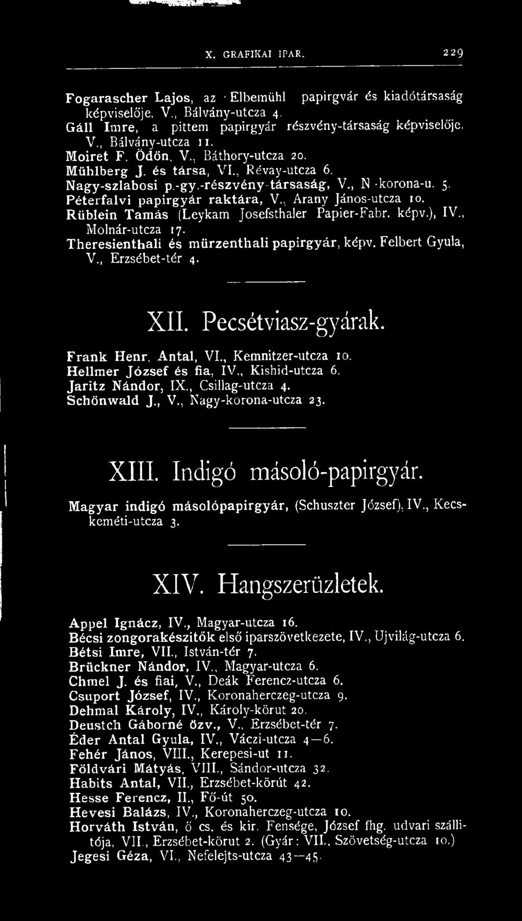 Riiblein Tamás (Leykam Josefsthaler Papier-Fabr. képv.), IV., Molnár-utcza 17. Theresienthali és mürzenthali papírgyár, képv. Felbert Gyula, V., Erzsébet-tér 4. XII. Pecsétviasz-gyárak. Frank Henr.