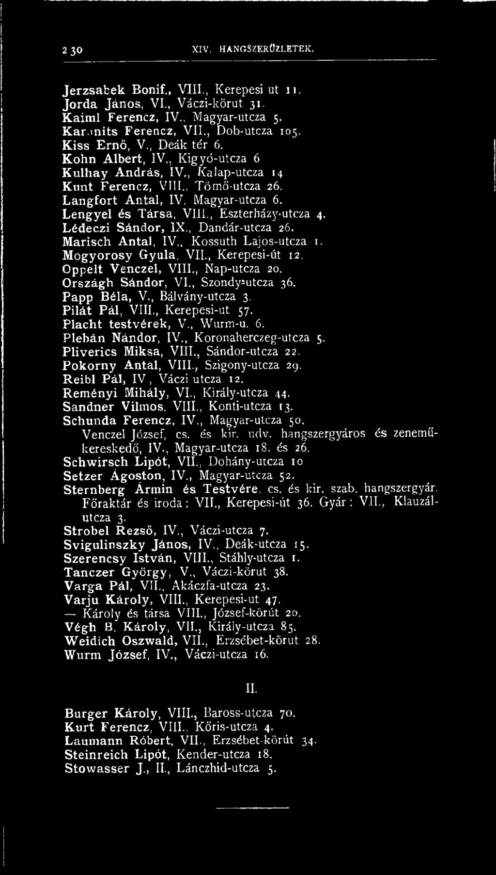 Lédeczi Sándor, IX., Dandár-utcza 26. Marisch Antal, IV., Kossuth Lajos-utcza 1. Mogyorosy Gyula, VII., Kerepesi-út 12. Oppelt Venczel, VIII., Nap-utcza 20. Országh Sándor, VI., Szondymtcza 36.
