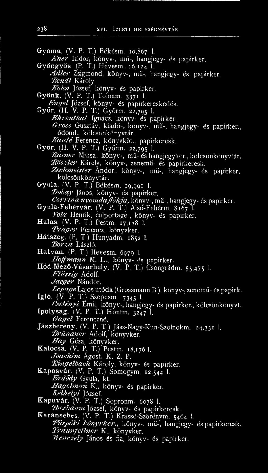 22,795 f JBfirgnthal Ignácz, könyv- és papirker, Gross Gusztáv, kiadó-, könyv-, mű-, hangjegy- és papirker., ódond.. kölcsönkönyvtár. lúm té Ferencz, könyvköt., papirkeresk. Győr. (H. V. P. T.) Győrm.