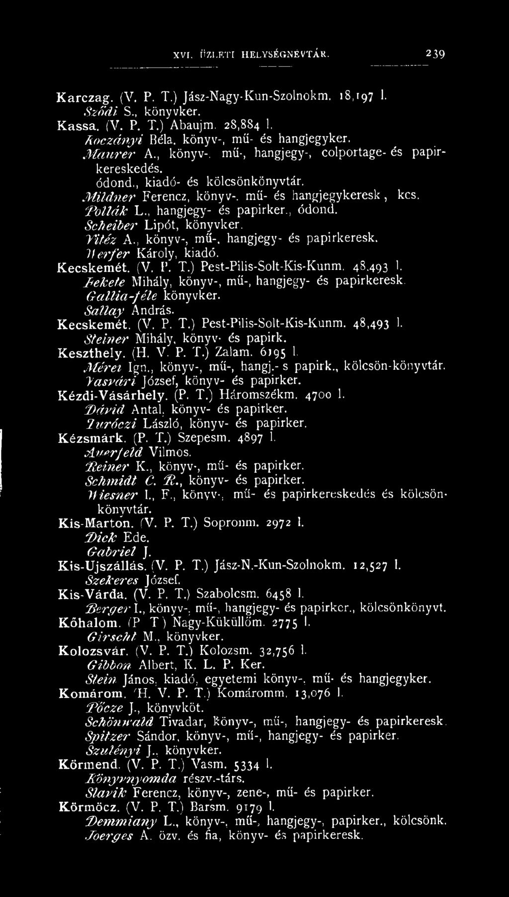 hangjegy- és papirkeresk. V erfer Károly, kiadó. Kecskemét. (V. Ik T.) Pest-Pilis-Solt-Kis-Kunm. 48.493 1. Tekete Mihály, könyv-, mű-, hangjegy- és papirkeresk. G allia -féle könyvker. Sallay András.