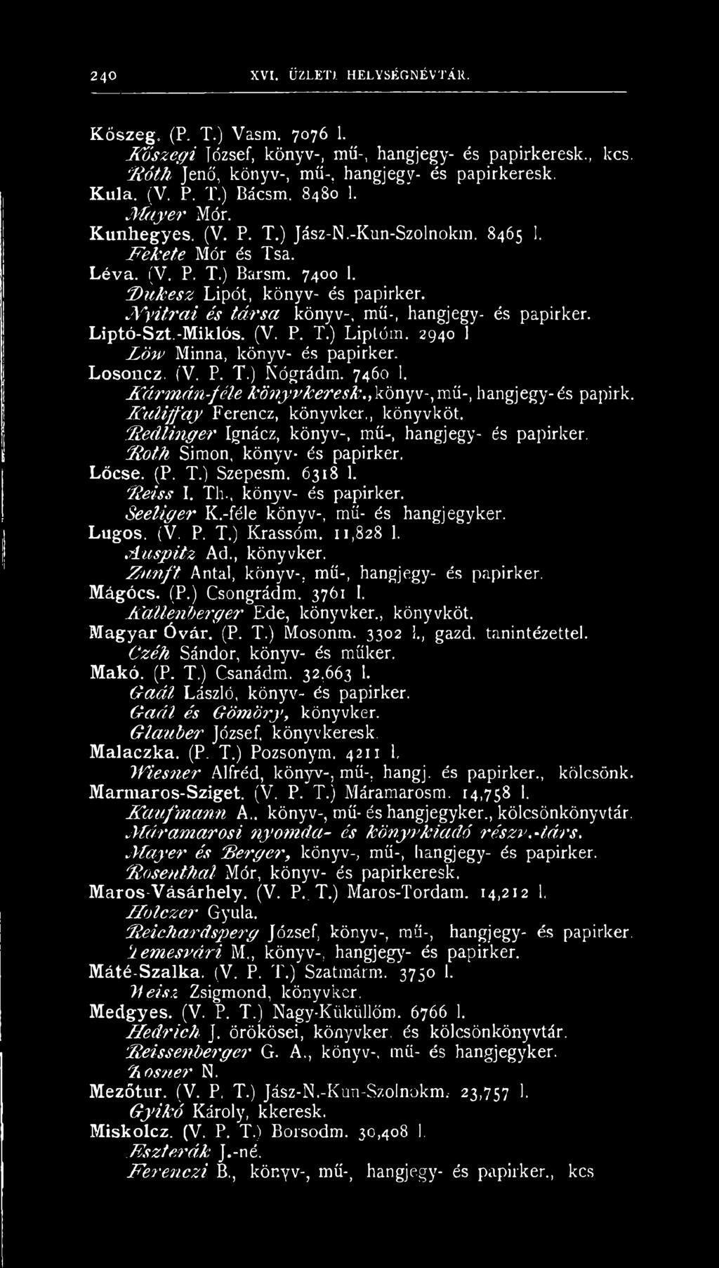 ly y itrai és társa könyv-, mű-, hangjegy- és papirker. Liptó-Szt.-Miklós. (V. P. T.) Liptóm. 2940 1 Löw Minna, könyv- és papirker. Losoncz. (V. P. T.) Kógrádm. 7460 1. K árm án-féle könyvkereső.