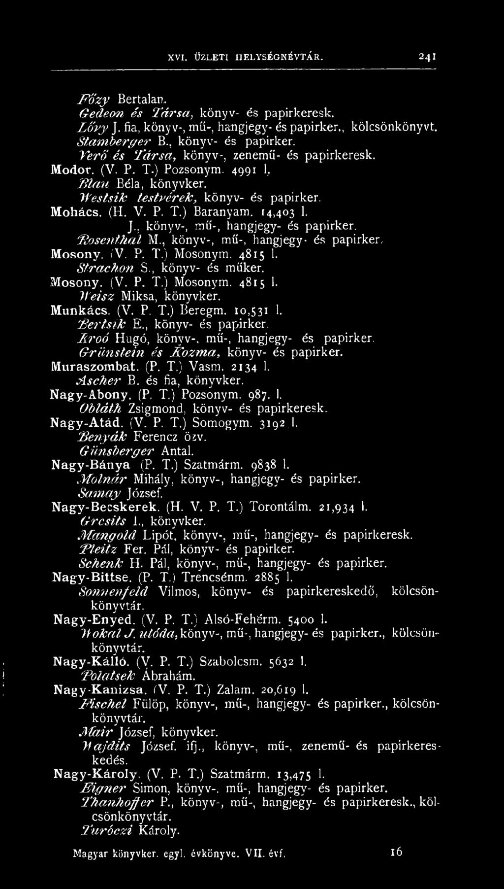 , könyv-, mű-, hangjegy- és papirker, Mosony. ÍV. P. T.) Mosonym. 4815 1. Strachon S., könyv- és műker. Mosony. (V. P. T.) Mosonym. 4815 1. Weisz Miksa, könyvker. Munkács. (V. P. T.) Beregm. 10,531 1.