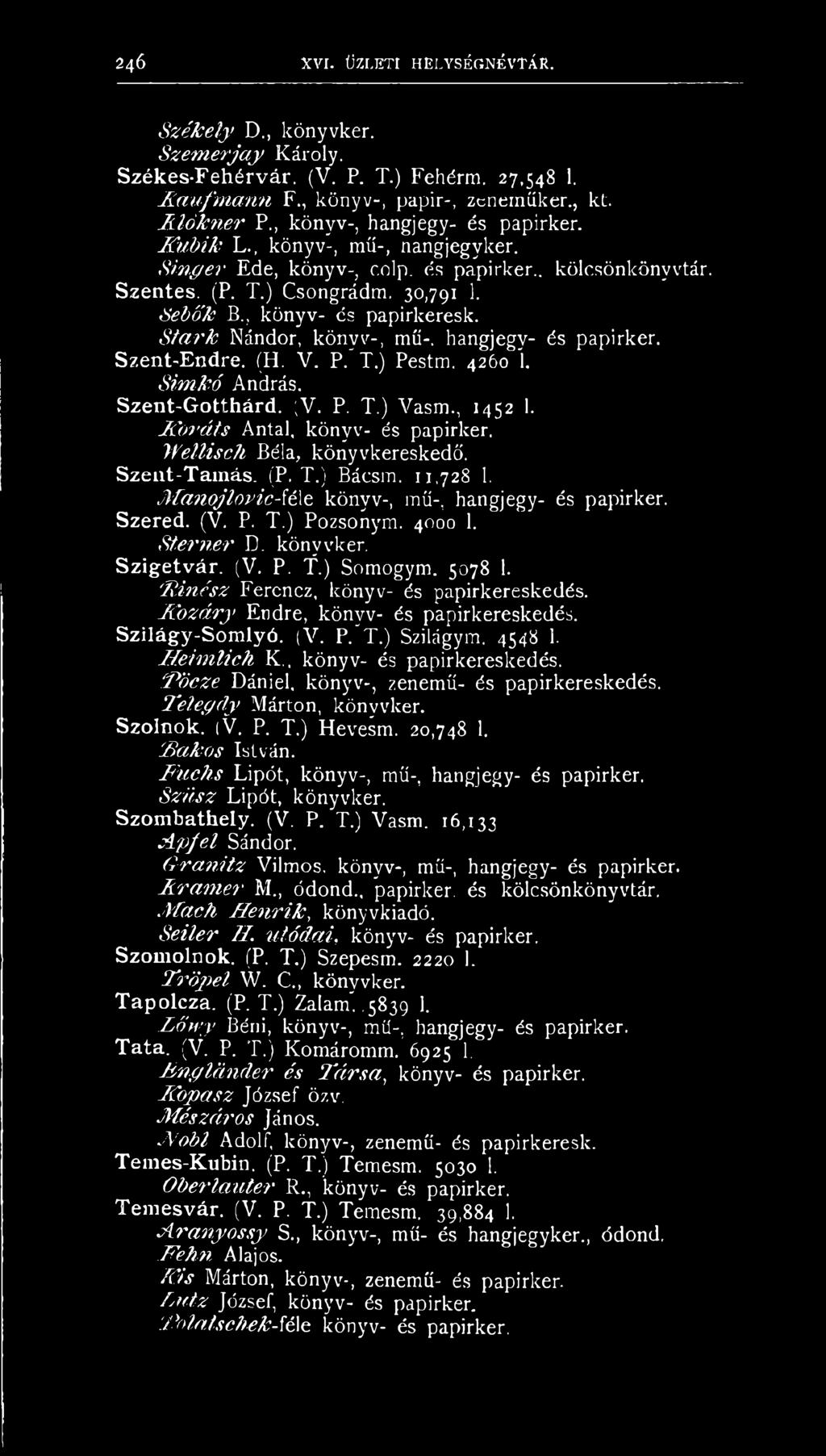 S tart Nándor, könvv-, mű-, hangjegy- és papirker. Szent-Endrej (H. V. P.'T.) Pestm. 4260 1. Simkó András. Szent-Gotthárd. ;V. P. T.) Vas., 1452 I. Jü t i á ts Antal, könyv- és papirker.