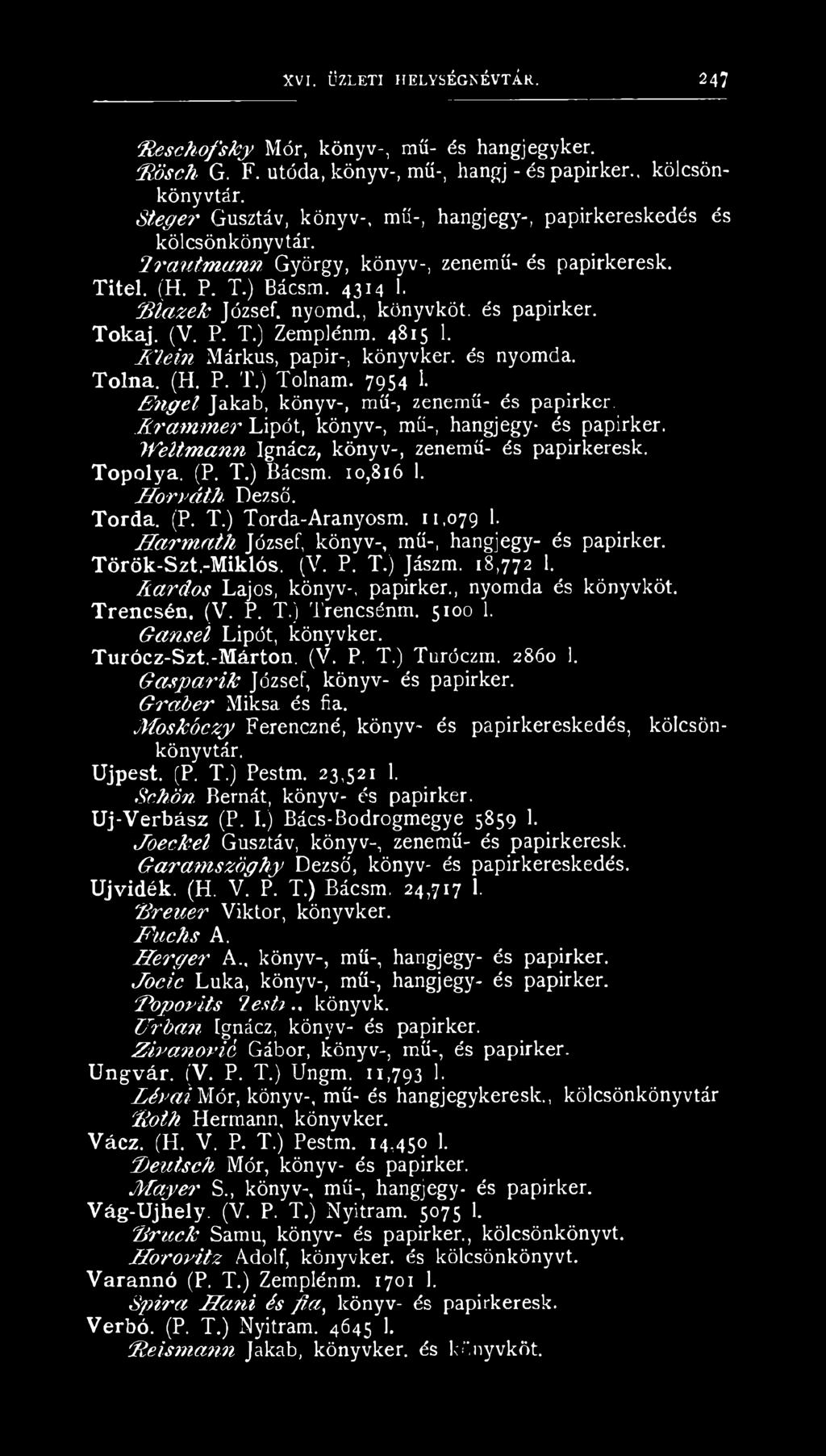 és papirker. Tokaj. (V. P. T.) Zemplénin. 4815 1. K lein Márkus, papír-, könyvkén és nyomda. Tolna. (H. P. T.) Tolnám. 7954 1. fingéi Jakab, könyv-, mű-, zenemű-, és papirker.