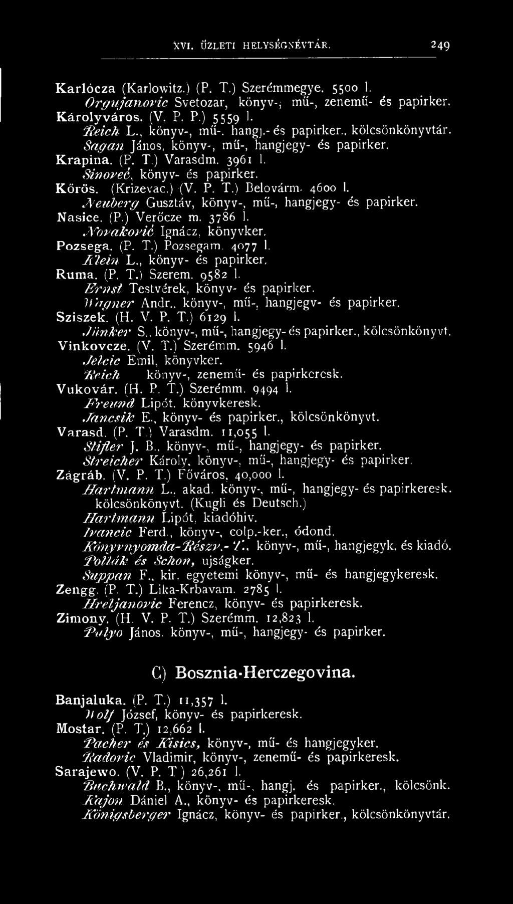 4600 1. A euberg Gusztáv, könyv-, mű-, hangjegy- és papirker. Nasice. (P.) Verőcze m. 3786 1. N ovakovié Ignácz, könyvker. Pozsega. (P. T.) Pozsegam. 4077 i. lilé in L., könyv- és papirker, Ruma. (P. T.) Szerem.