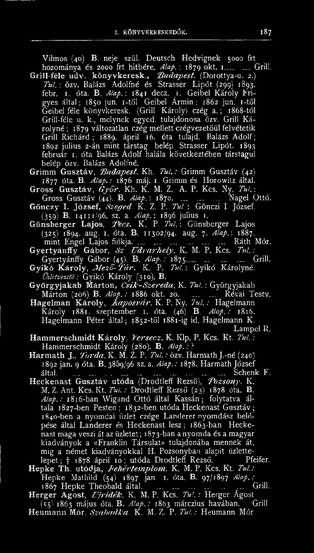 .(grill Károly) czég a.; 1868-tól Grill-féle u. k., melynek egyed, tulajdonosa özv. Grill Károlyné; 1879 változatlan czég mellett ezégvezetőül felvétetik Grill Richárd ; 1889. ápril 16. óta tulajd.