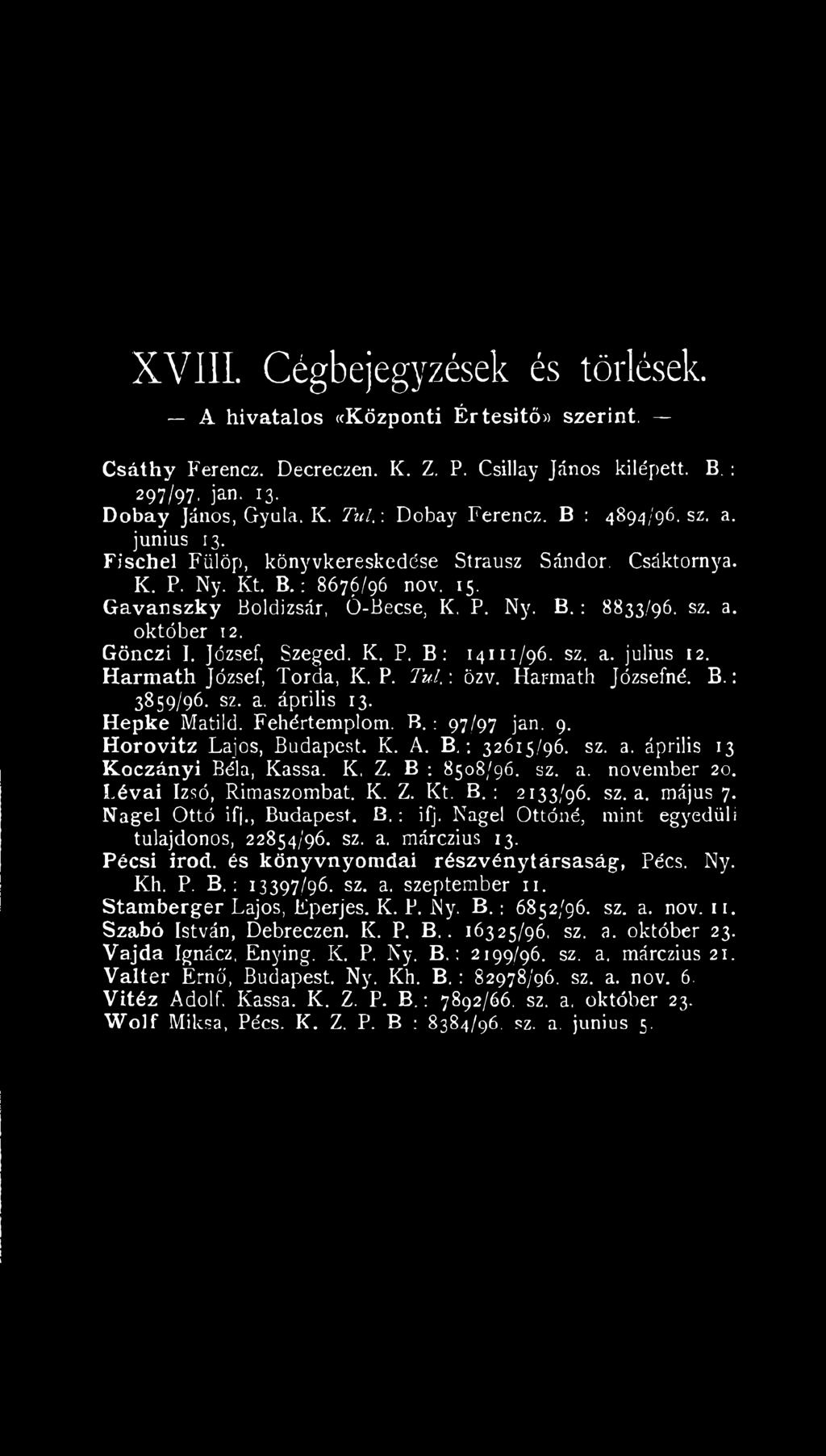 Gönczi I. József, Szeged. K. P. B: 14111/96. sz. a. július 12. Harmath József, Torda, K. P. Tul.\ özv. Harmath Józsefné. B.: 3859/96. sz. a. április 13. Hepke Mariid. Fehértemplom. B. : 97