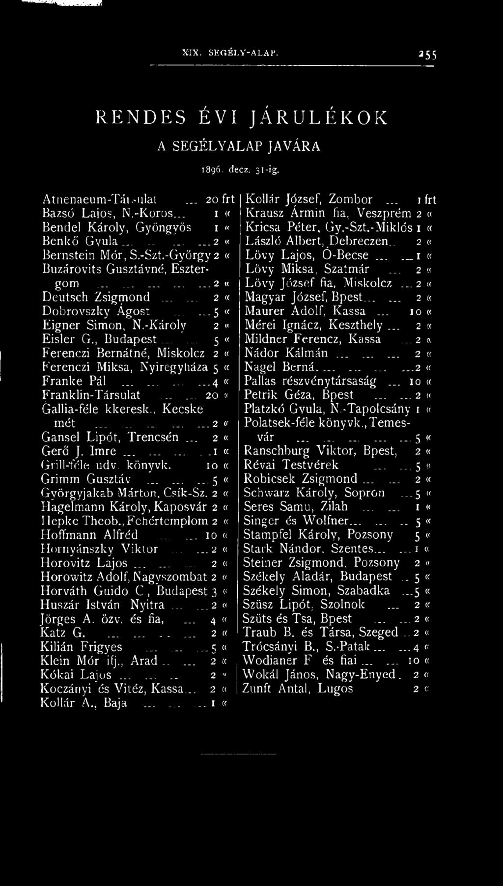 ..... 5 «Ferenczi Bernátné, Miskolcz 2 «Kerenczi Miksa, Nyíregyháza 5 <c Franké Pál............4 «Franklin-Társulat...... 20. 0 Gallia-féle kkeresk., Kecske mét............... 2 «Gansel Lipőt, Trencsén.