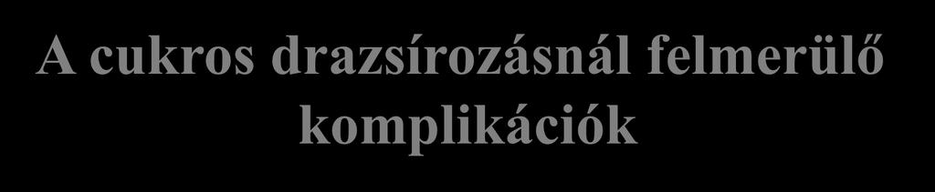 A cukros drazsírozásnál felmerülő komplikációk 1. A mag morzsálódása, töredezése 2. A tabletták éle lemorzsolódik 3. A drazsék hozzáragadnak az üst falához 4.