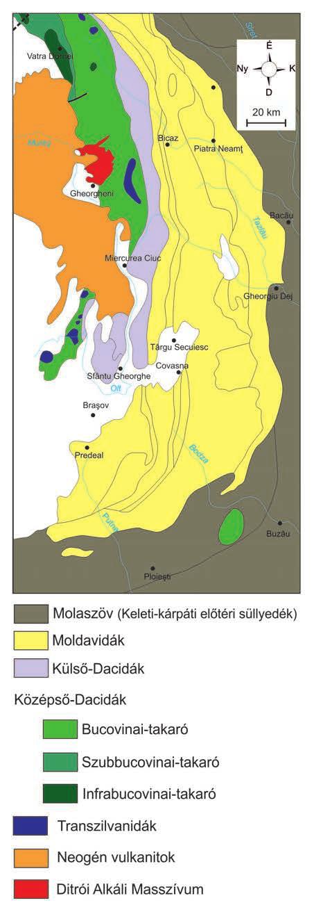 ábra A Gyergyói-havasok domborzatmodellje (pirossal jelölve a DAM földtani határvonalát) A Központi Keleti-kárpáti-öv, vagy kristályos mezozoos öv az Erdélyi-medence aljzatát képező Géta kraton