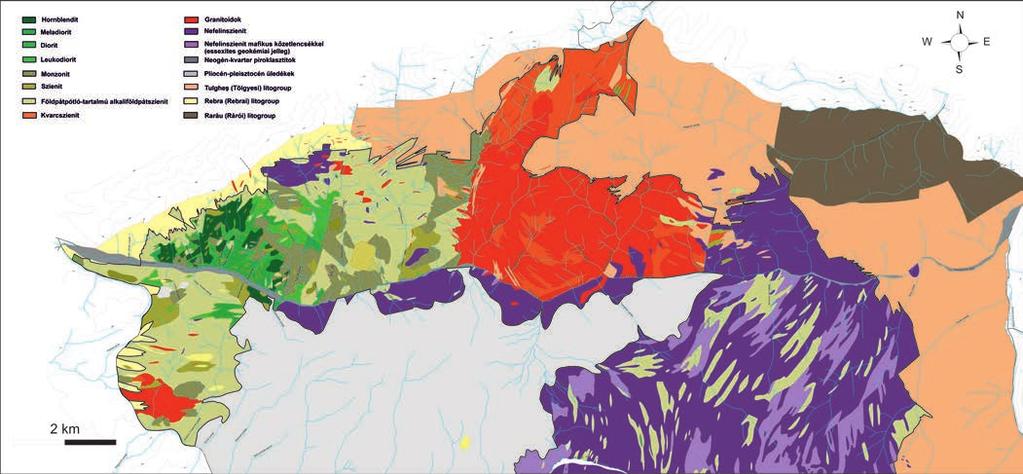 5. ábra A Ditrói Alkáli masszívum északi részének kőzettani térképe 218,6±1,3 és 218,9±1,4 millió év.