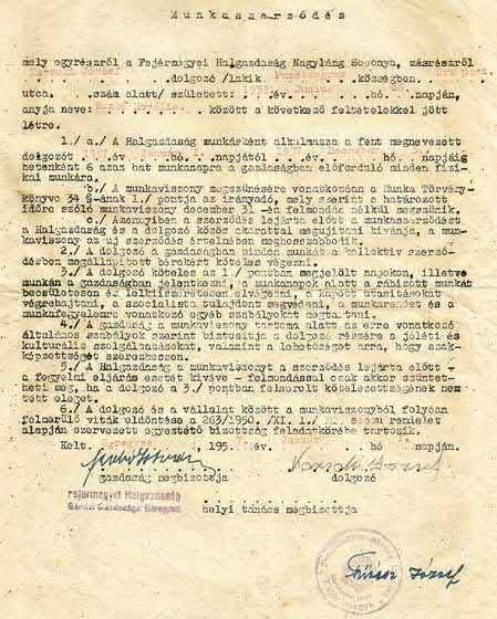 Képli József néhai legendás hírű soponyai halászmester Kazsoki József halászmester nyurgaponty anyahallal Kazsoki József munkaszerződése 1957-ből A Mezőföldi Erdő- és Vadgazdaságban tizenkét tavon