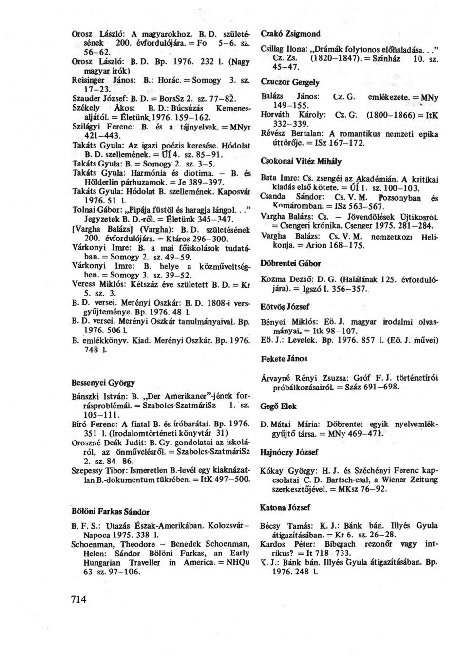 Orosz László: A magyarokhoz. B. D. születésének 200. évfordulójára. = Fo 5-6. sz. 56-62. Orosz László: B. D. Bp. 1976. 232 1. (Nagy magyar írók) Reisinger János: B.: Horác. = Somogy 3. sz. 17-23.