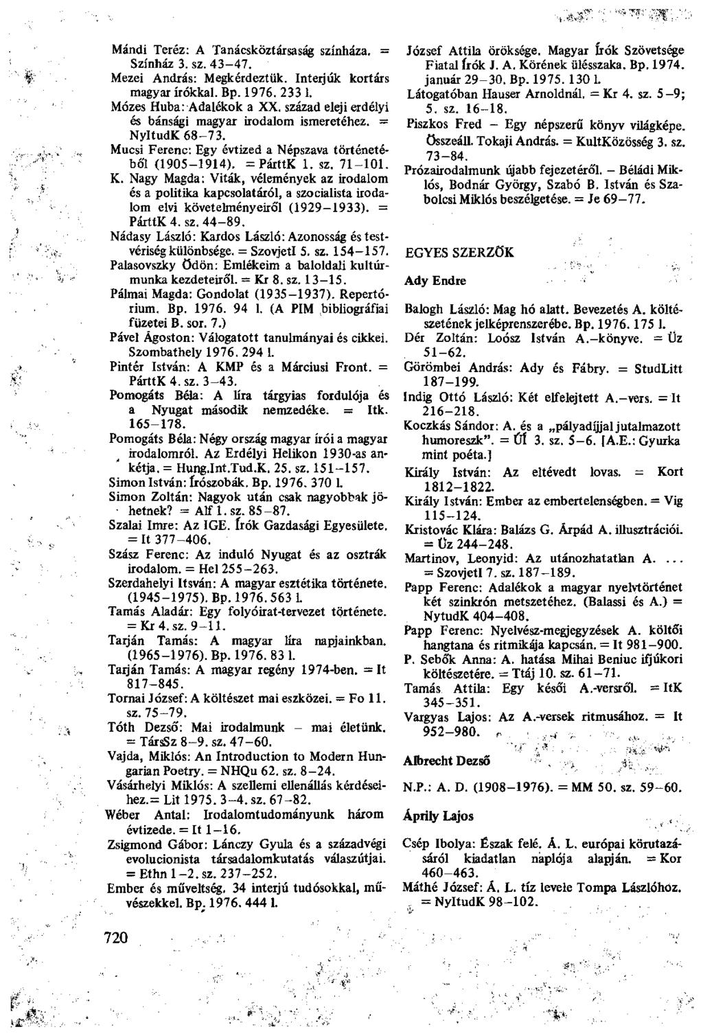 Mándi Teréz: A Tanácsköztársaság színháza. = Színház 3. sz. 43-47. Mezei András: Megkérdeztük. Interjúk kortárs magyar írókkal. Bp. 1976. 233 1. Mózes Huba: Adalékok a XX.
