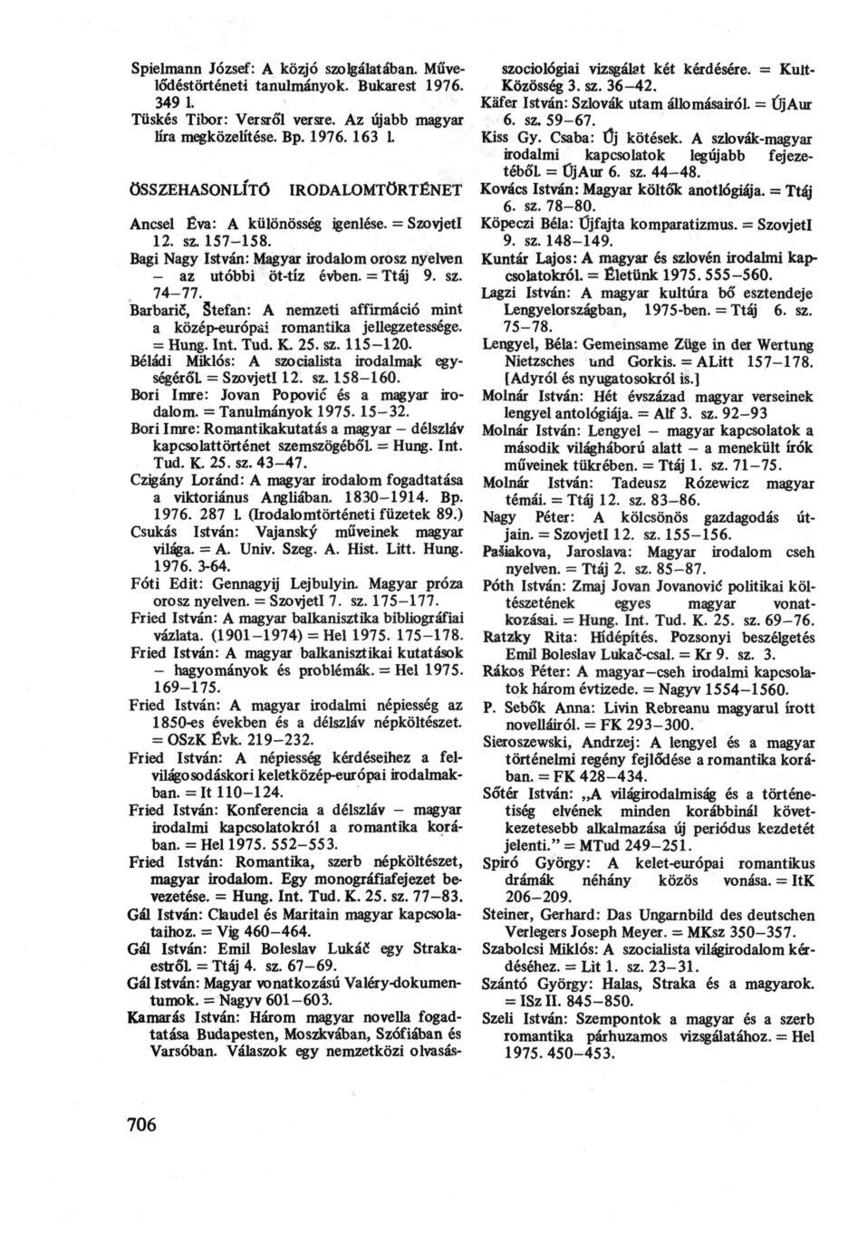 Spielmann József: A közjó szolgálatában. Művelődéstörténeti tanulmányok. Bukarest 1976. 349 1. Tüskés Tibor: Versről versre. Az újabb magyar líra megközelítése. Bp. 1976. 163 1.