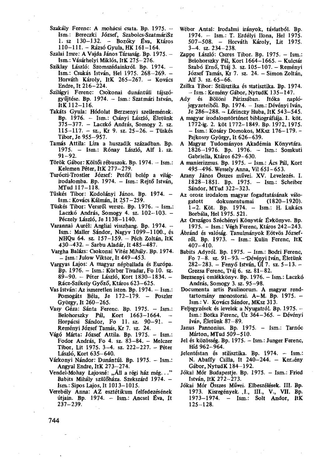 Szakály Ferenc: A mohácsi csata. Bp. 1975. - Ism.: Bereczki József, Szabolcs-SzatmáriSz 1. sz 130-132. - Bozóky Éva, Ktáros 110-111. - Rázsó Gyula, HK 161-164. Szálai Imre: A Vajda János Társaság. Bp. 1975. - Ism.: Vásárhelyi Miklós, ItK 275-276.