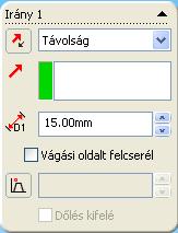 Az Alakzat Kezelő -ben a következőket állítsa be: Vég Feltételek mezőbe állítsa be a Távolság -ot. Mélység mezőbe írja be 15 mm-t. Az Irány Megfordítása esetben nem kell változtatni.