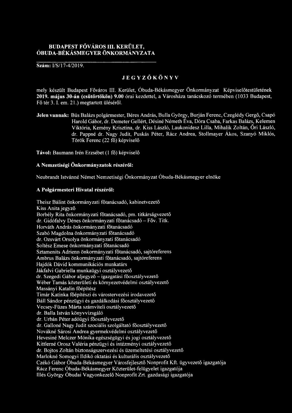 Jelen vannak: Bús Balázs polgármester, Béres András, Bulla György, Burján Ferenc, Czeglédy Gergő, Csapó Harold Gábor, dr.