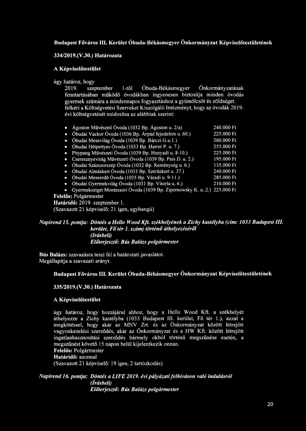 a Költségvetési Szerveket Kiszolgáló Intézményt, hogy az óvodák 2019. évi költségvetését módosítsa az alábbiak szerint: Ágoston Művészeti Óvoda (1032 Bp. Ágoston u. 2/a) 240.