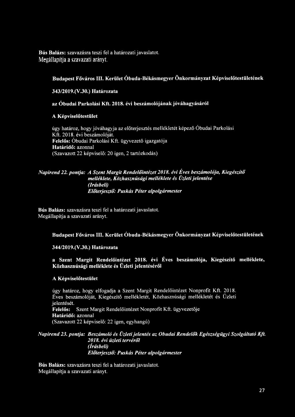 ügyvezető igazgatója (Szavazott 22 képviselő: 20 igen, 2 tartózkodás) Napirend 22. pontja: A Szent Margit Rendelőintézet 2018.