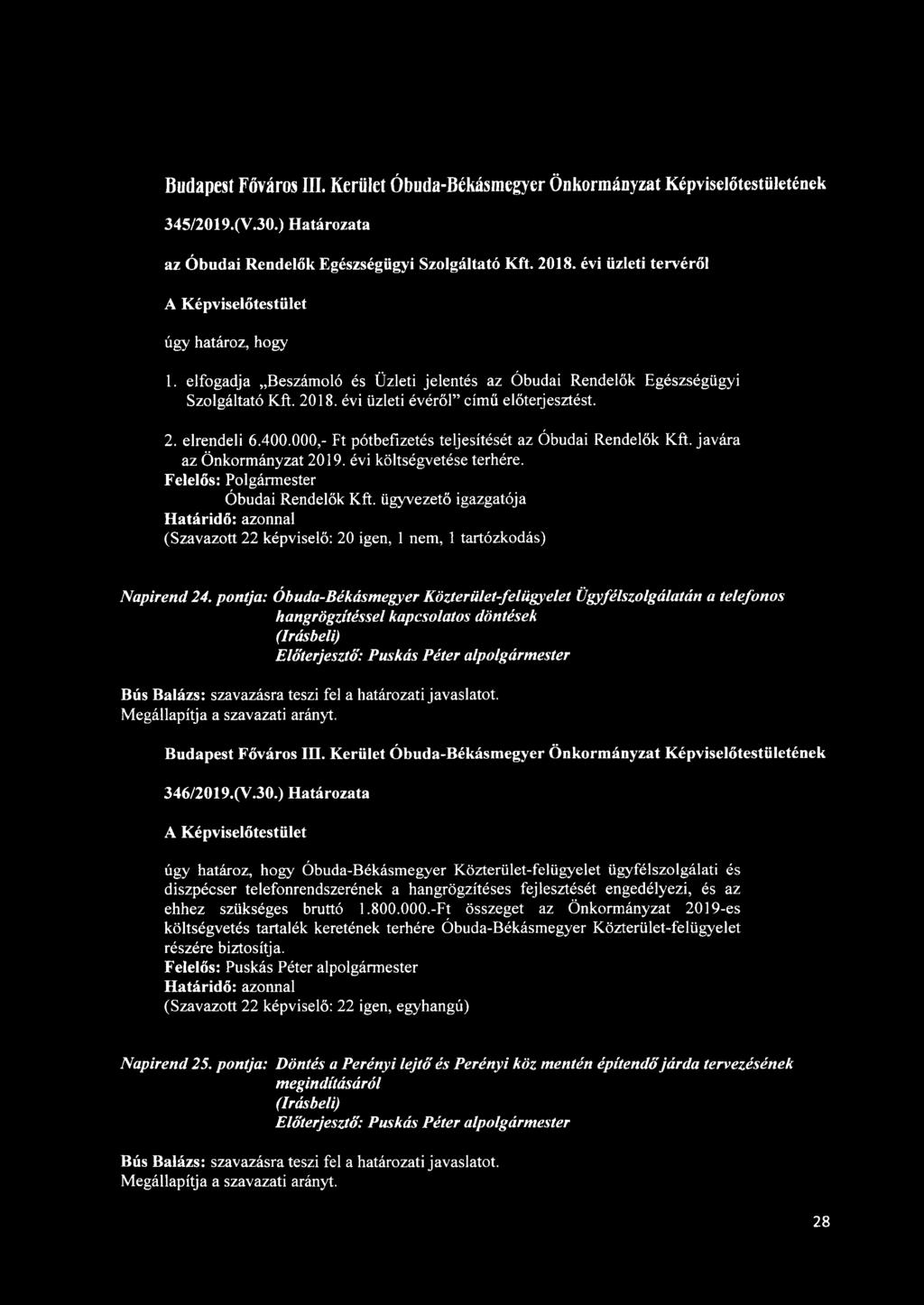 000,- Ft pótbefizetés teljesítését az Óbudai Rendelők Kft. javára az Önkormányzat 2019. évi költségvetése terhére. Óbudai Rendelők Kft. ügyvezető igazgatója (Szavazott 22 képviselő: 20 igen, 1 nem, 1 tartózkodás) Napirend 24.
