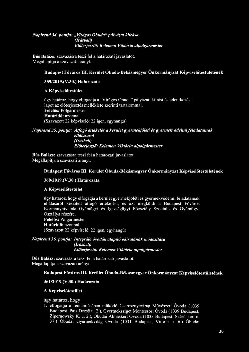 pontja: Átfogó értékelés a kerület gyermekjóléti és gyermekvédelmi feladatainak ellátásáról Előterjesztő: Kelemen Viktória alpolgármester 360/2019.(V.30.