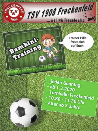 Kandel - 18 - Ausgabe 7/2020 TC Freckenfeld Einladung Der TC Freckenfeld lädt seine Mitglieder zur Generalversammlung am Freitag, 13. März 2020 ab 19:00 Uhr, im Clubhaus des TC Freckenfeld ein.