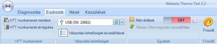 Eszközök lap Indítsa el Mért érték naplózása A fölé-/alárendelés beállítás visszaállítása (csak levegős fűtőkészülékek esetében) A WTT munkamenet mentése Egy