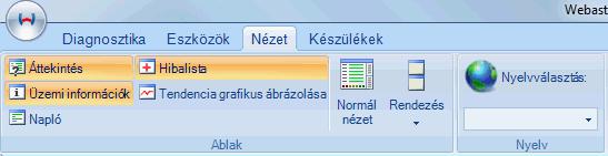 adatkészletet-frissítő Nézet lap Áttekintés ablak megnyitása/bezárása Üzemi információk ablak megnyitása/bezárása Napló ablak megnyitása/bezárása Hibalista