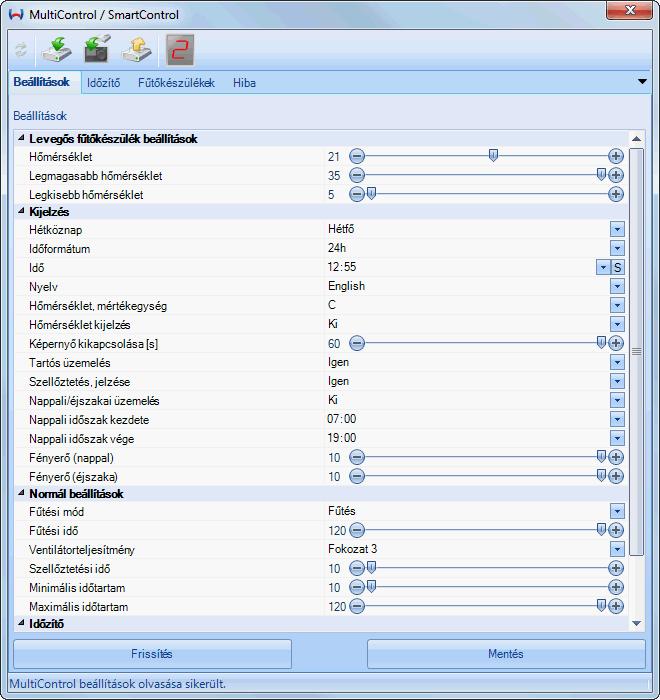 Beállítások lap E lapon lehet egy csatlakoztatott MultiControl/SmartControl kezelőelem beállításait kiolvasni és megváltoztatni.