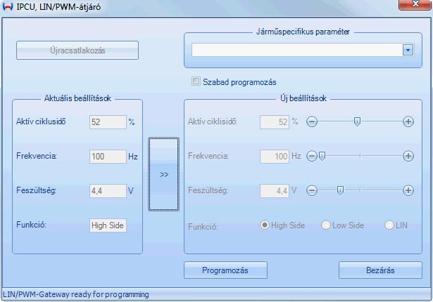 IPCU és LIN/PWM-átjáró párbeszédpanel E párbeszédpanelben lehet egy IPCU-modult (intelligens PWM vezérlőegység) vagy egy LIN/PWM-átjárót programozni.