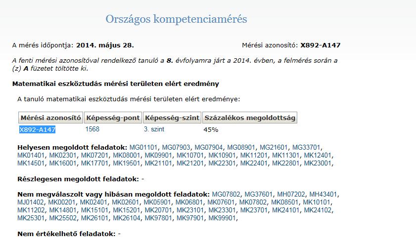 1. blokk: Az első adatok: hány képességpontot ért el a tanuló és az eredménye hányadik képességszintnek felel meg.