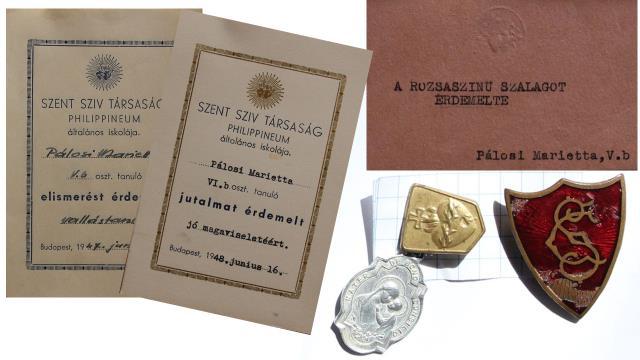 13. kép Év végi jutalmak, rózsaszín szalag, Jézus Szíve, Mária medálok és a sapkajelvény (Dr.