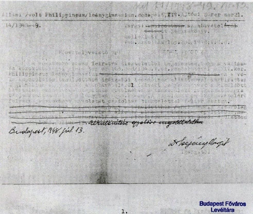 34. kép Számbavételi jegyzőkönyv. HU BFL VIII.66.a 2. kisdoboz Ügyviteli iratok 1941 1949 14/1948/49 A fenti levél átirata: Állami volt Philippineum leánygimnázium. Budapest, XIV. Ajtósi Dürer sor 21.