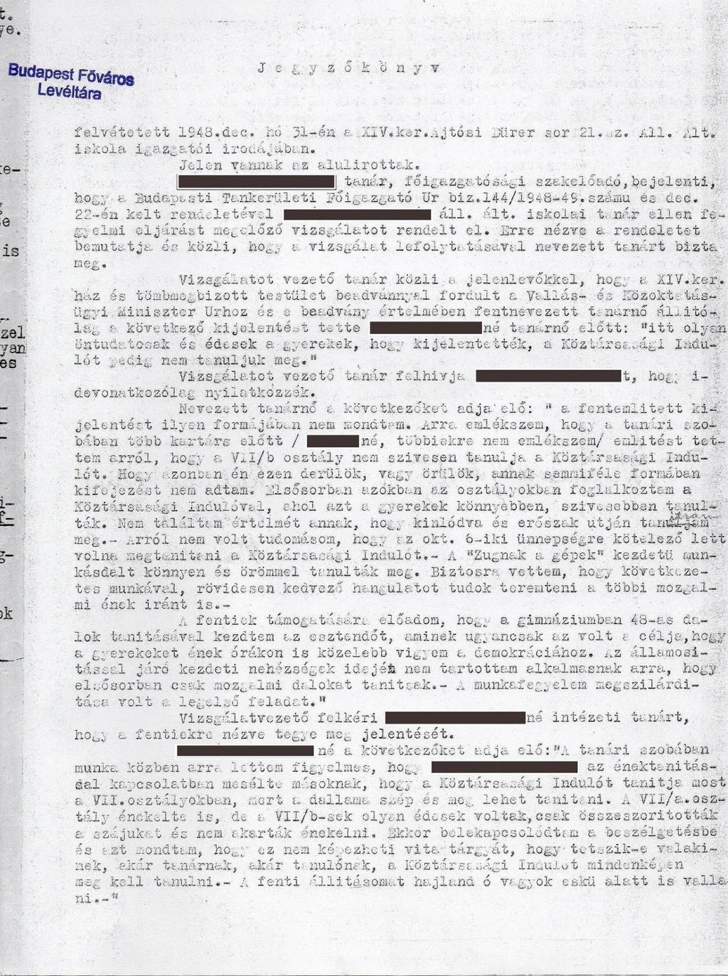 39. kép fegyelmi ügy jegyzőkönyve, Ajtósi Düreer sor 21. sz. Általános iskola 1.