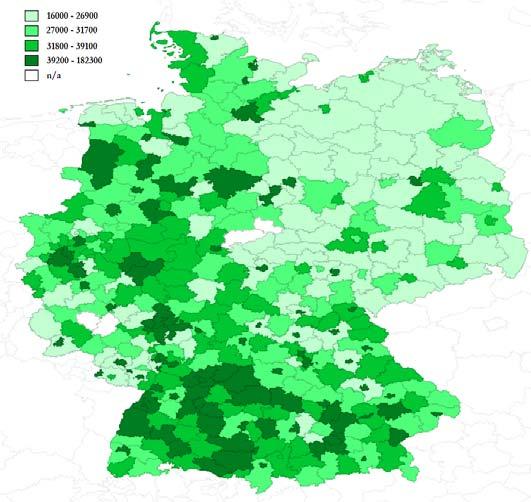 1.ábra: Egy főre jutó GDP eloszlása (2016) Forrás: saját szerkesztés Az indikátor esetében az értékek térbeli koncentrációja az alábbi területeken jelenik meg hangsúlyosan: Ruhr-vidék egy része,