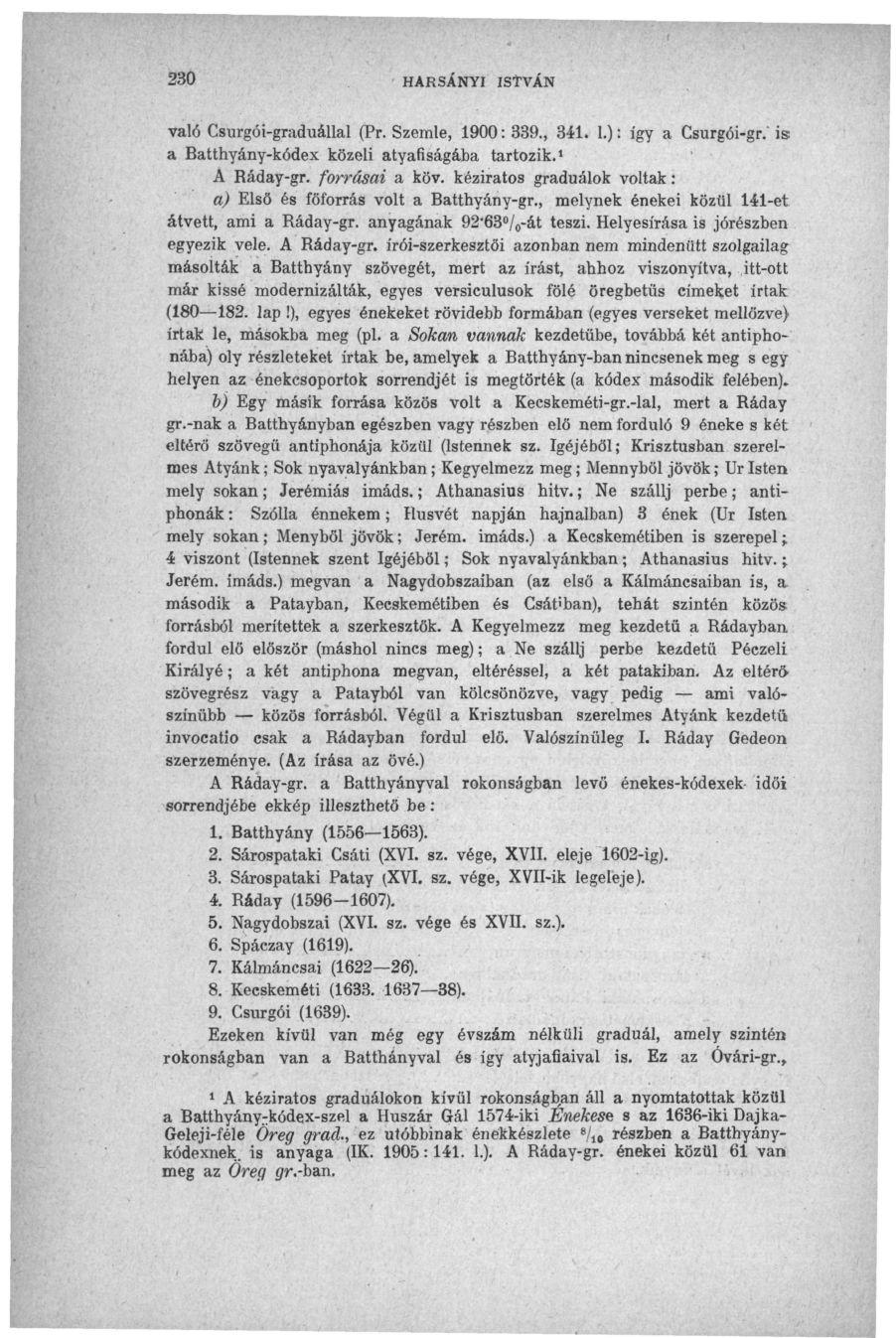 HARSÁNYI ISTVÁN való Csurgói-graduállal (Pr. Szemle, 1900: 339., 341. 1.): így a Csurgói-gr.' is a Batthyány-kódex közeli atyafiságába tartozik. 1 A Ráday-gr. forrásai a köv.