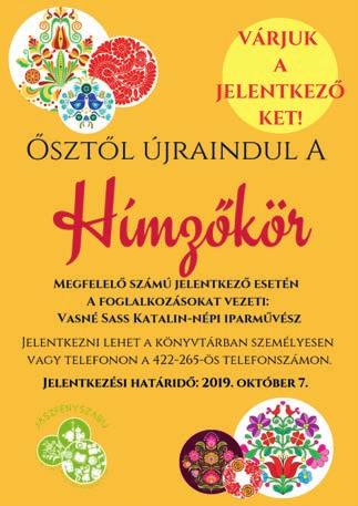 Jászfényszarui futófesztivál in memoriam Maróti István 4. 16:00 Csetresz Betti kézműves workshopja a könyvtárban az Országos Könyvtári Napok keretében 4.