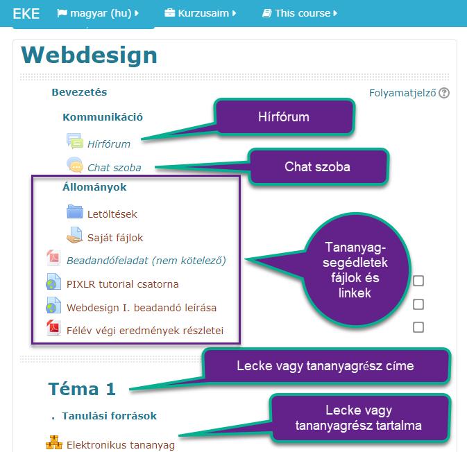 Amikor kiválasztunk egy kurzust, akkor ott találhatók hírek a kurzussal kapcsolatosan, chat szoba, tananyag segédletek feltöltve mappákba vagy mappán kívüli fájlokban megosztva (pl. PDF, PPT stb.