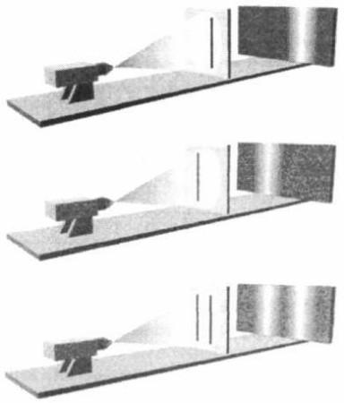 4.6 ábra Newtonnak a fényről alkotott részecskeelmélete értelmében mindkét rés kitakarásakor az előző két ábrán mutatott képek együttesen jelentkeznének.