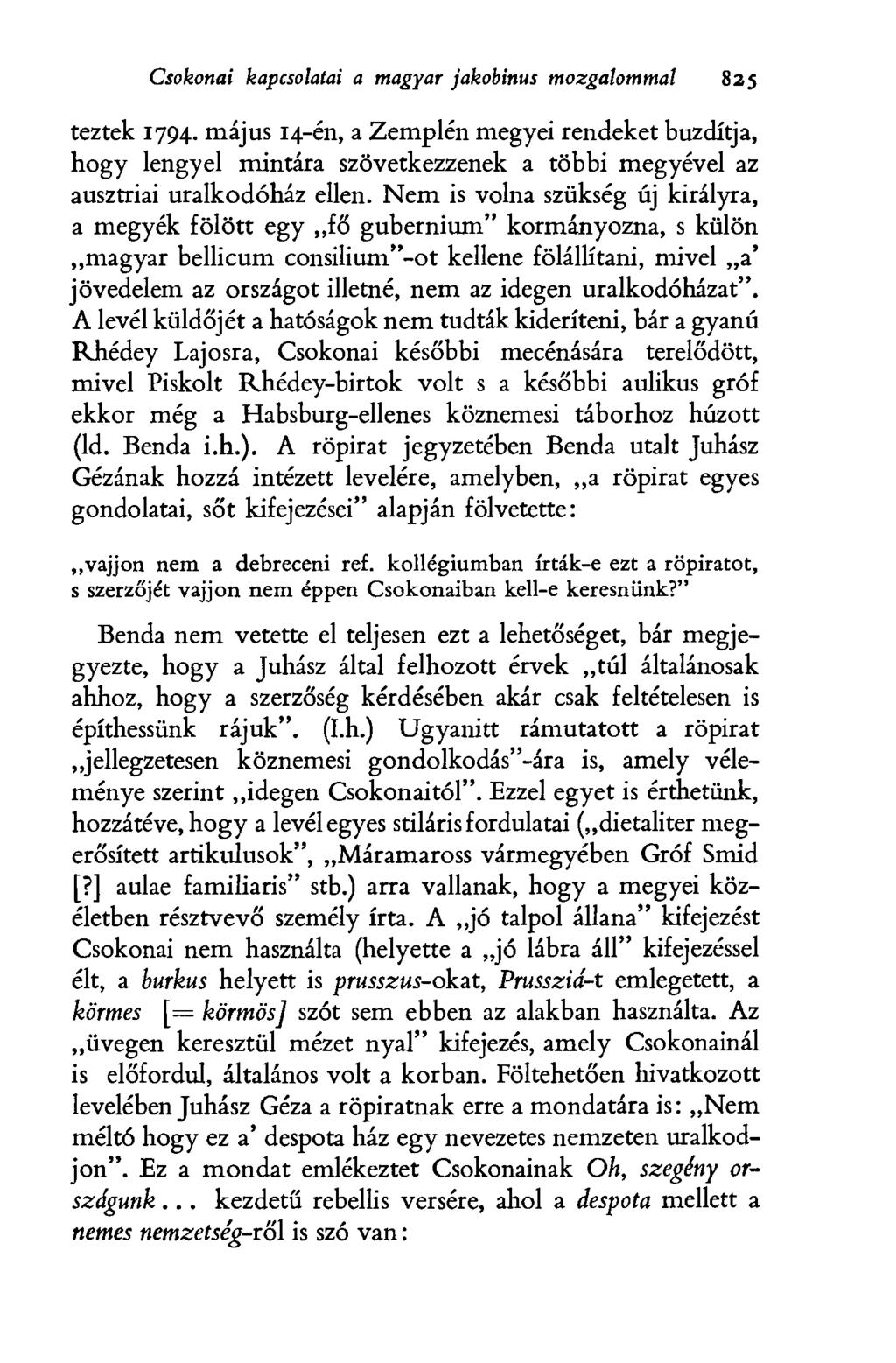 Csokonai kapcsolatai a magyar jakobinus mozgalommal 825 teztek 1794.
