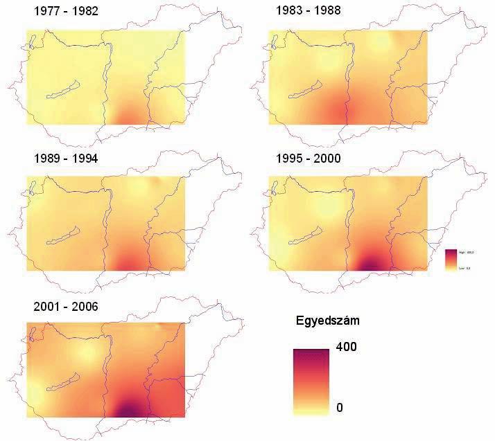 A klímaváltozás hatása az ökológiai közösségekre 373 A 7.57. ábrán a Peribatodes gemmaria országos elterjedése látható 1977 és 2006 között.