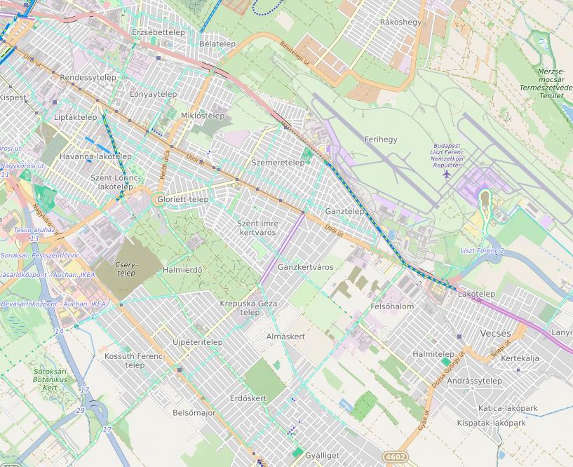 35. ábra: Kerületi kerékpárutak forrás: merretekerjek.hu Jelmagyarázat: Kék, felezővonallal Önálló kerékpárút. (max. 30 km/h) Kék Gyalog- és kerékpárút. Kicsit világosabb, ha osztatlan. (max. 20 km/h) Kék, fehér pöttyökkel Kerékpáros útvonal korlátozott gépjárműforgalommal.