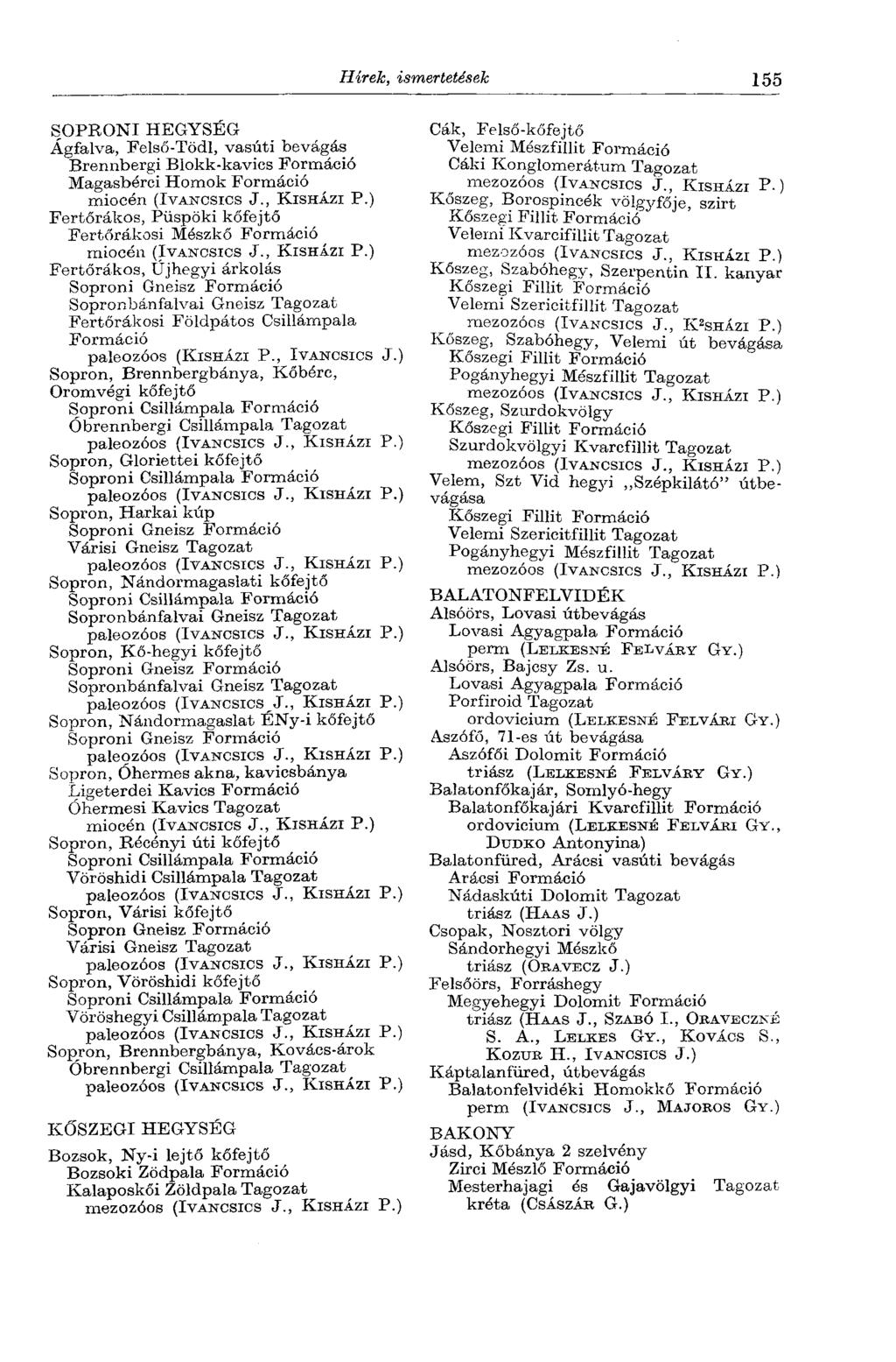 Hírek, ismertetések 155 SOPRONI HEGYSÉG Ágfalva, Felső-Tödl, vasúti bevágás Brermbergi Blokk-kavics Formáció Magasbérci Homok Formáció miocén (IVANCSICS J., KISHÁZI P.